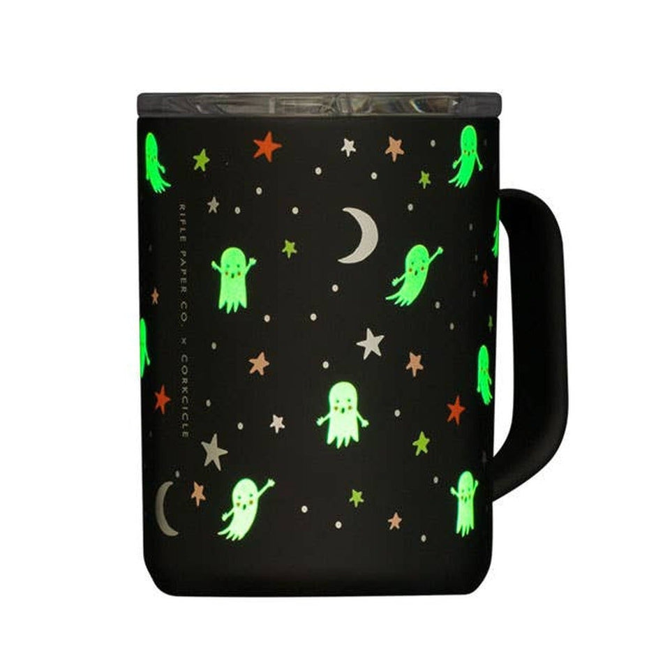 Corkcicle 16oz mug with glow-in-the-dark ghost and star design on black background