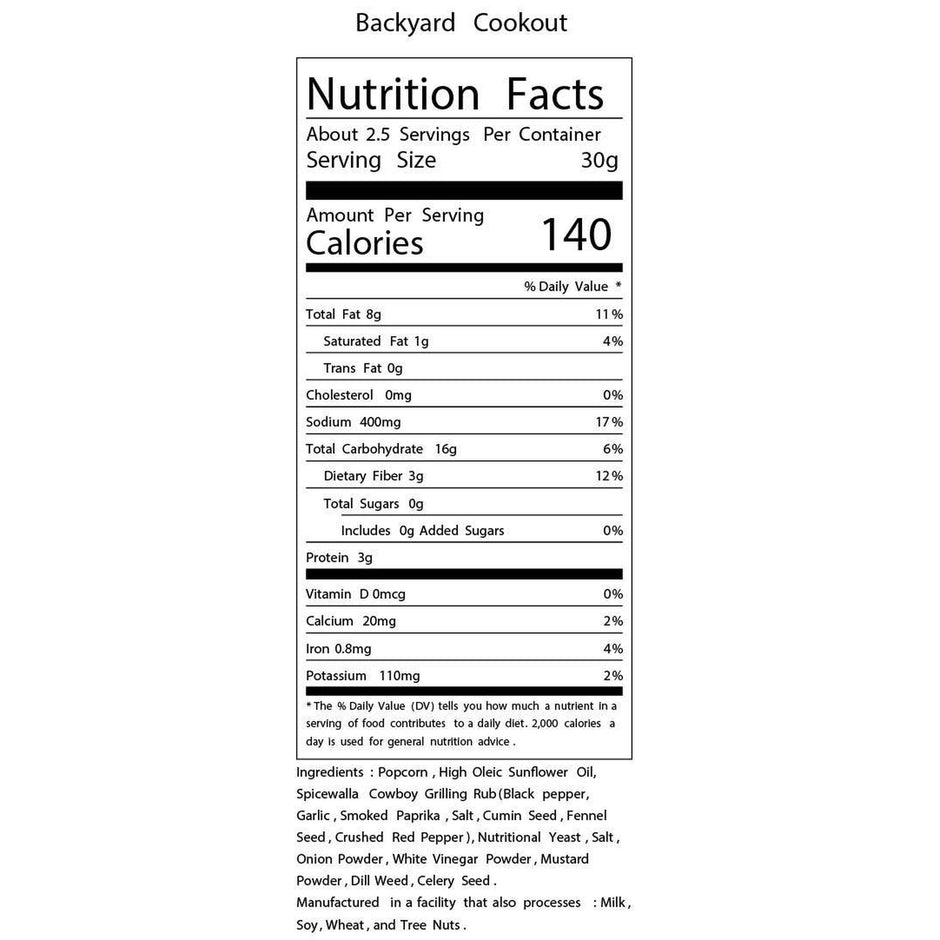 Backyard Cookout popcorn nutrition facts label showing 140 calories per 30g serving with ingredients list