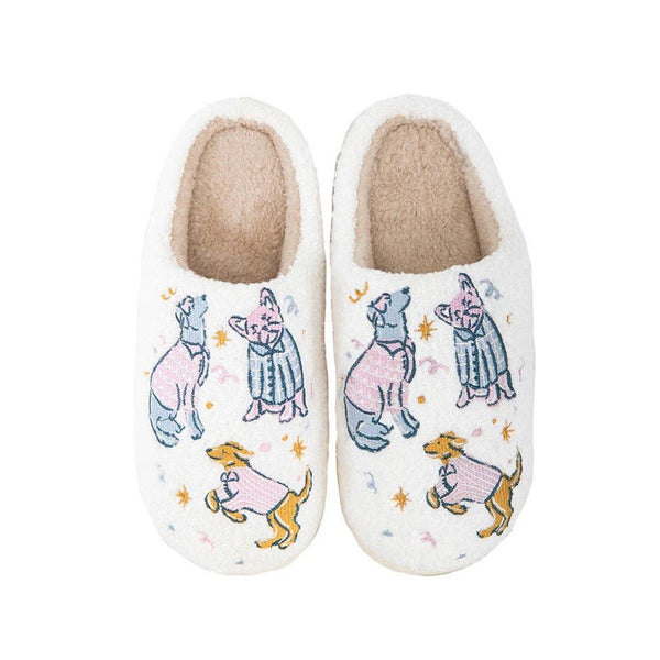 Cream cozy slippers with embroidered dogs, cats, and celestial stars pattern, fluffy interior lining