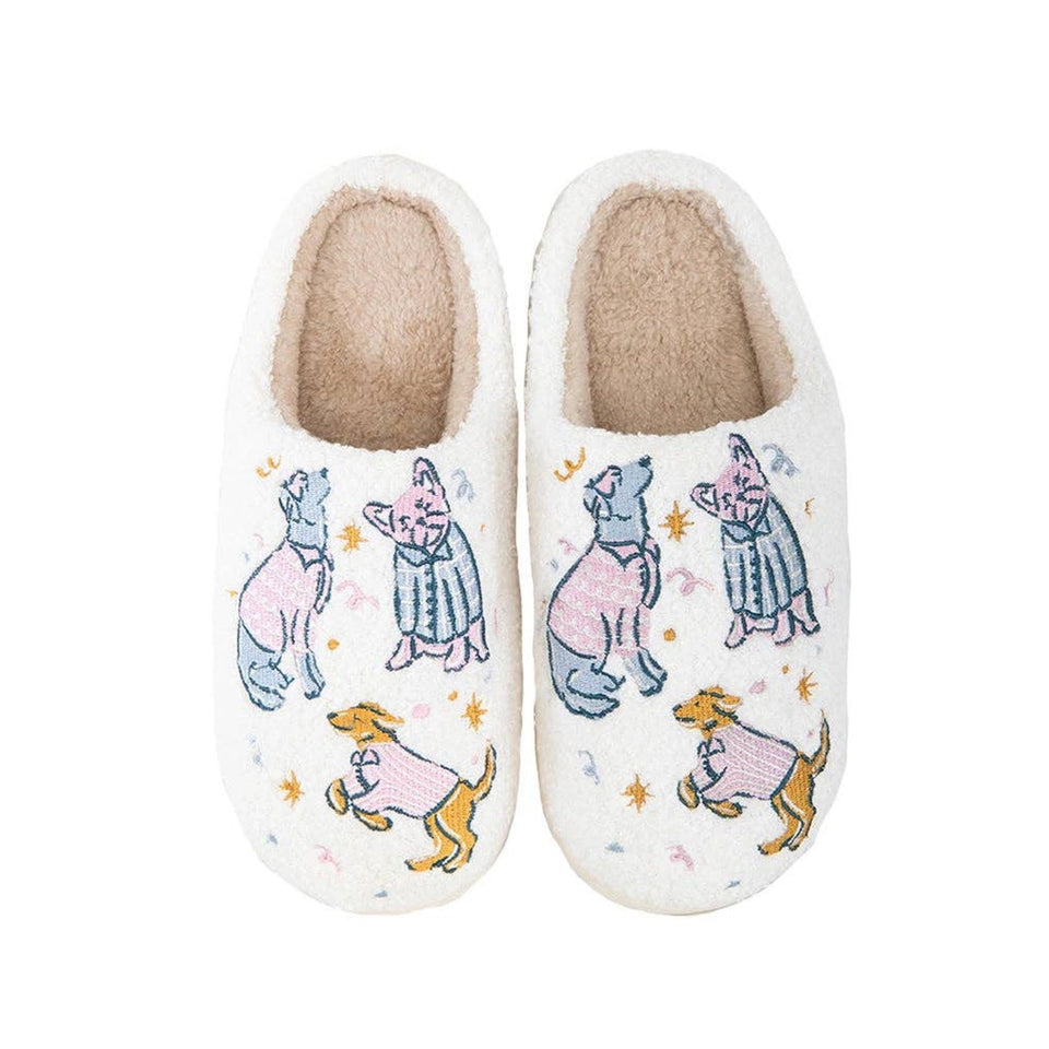 Cream cozy slippers with embroidered dogs, cats, and celestial stars pattern, fluffy interior lining