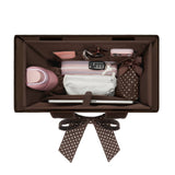 Brown Case-Mate Tote Organizer with pink and white pouches, accessories, and polka dot ribbon