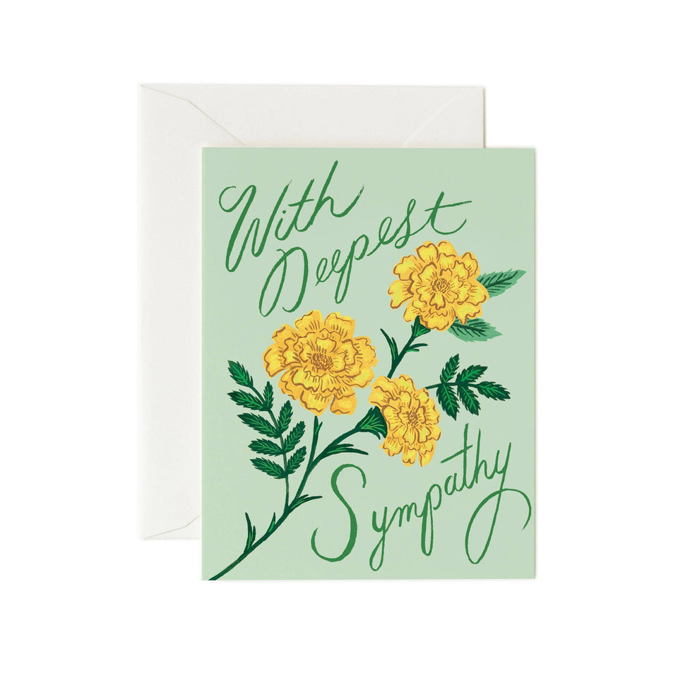 Rifle Paper Co. Marigold Sympathy Card with yellow flowers and green envelope