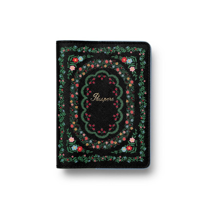 Rifle Paper Co. Rosette black passport holder with colorful floral embroidered design