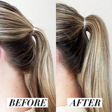 Before and after comparison of a ponytail with a white background
