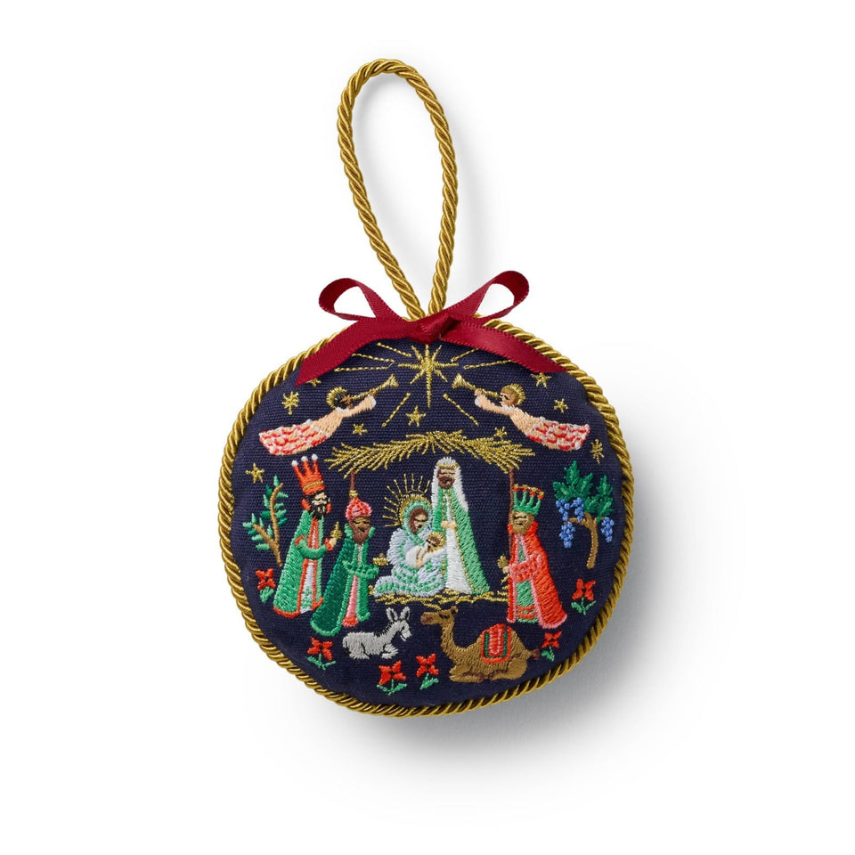 Rifle Paper Co. Nativity Embroidered Ornament with gold rope hanger and red ribbon bow