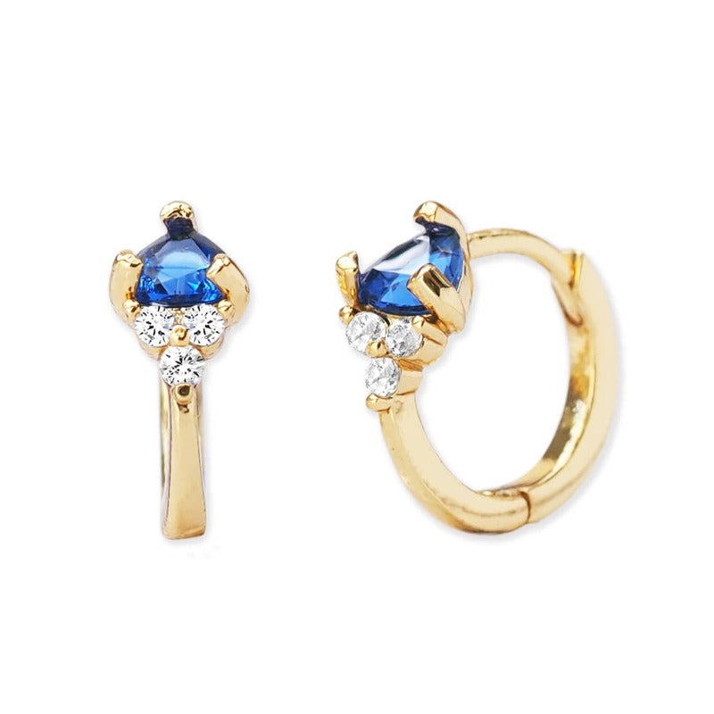 Gold hoop earrings with blue sapphire and cubic zirconia accents, shown from front and side angles
