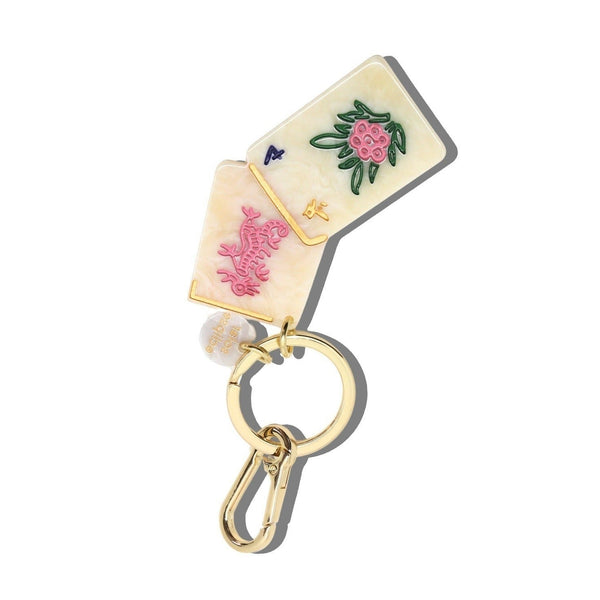 Hand-painted flower mahjong bag charm keychain with gold hardware and pink floral design