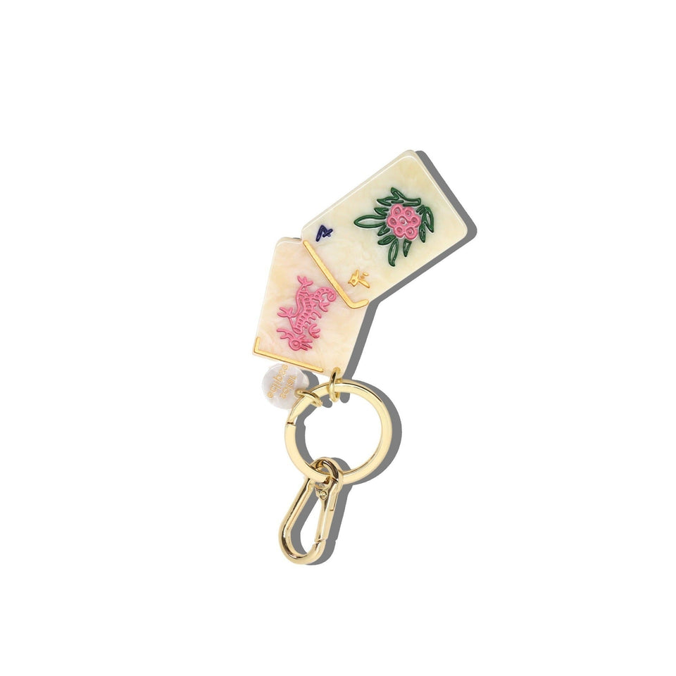 Hand-painted flower mahjong bag charm keychain with gold hardware and pink floral design