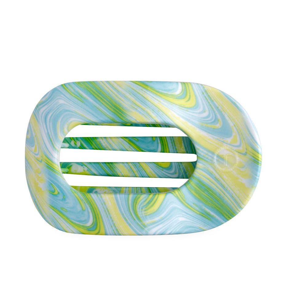 TELETIES By the Sea Shore Large Flat Round Hair Clip with blue, green and yellow marbled pattern