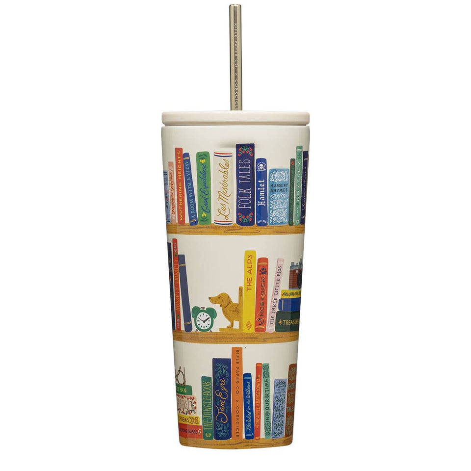 Corkcicle 24oz cold cup with colorful book-themed design featuring classic book spines on cream background
