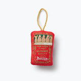Rifle Paper Co. red embroidered sardines tin ornament with gold twine loop