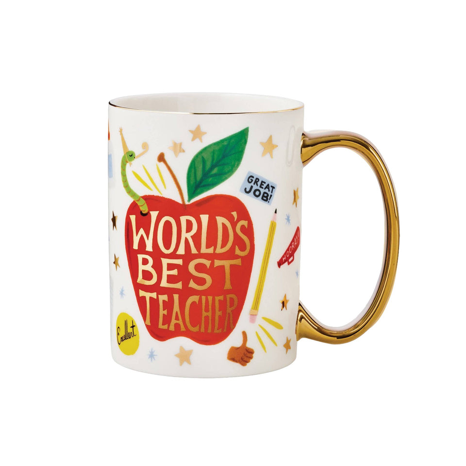 World's Best Teacher porcelain mug with red apple design, gold handle and rim, teacher appreciation gift