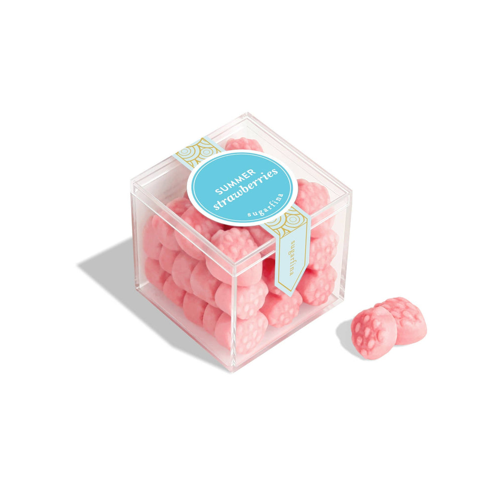 Sugarfina Summer Strawberries Small Candy Cube with pink strawberry-shaped gummies in clear box