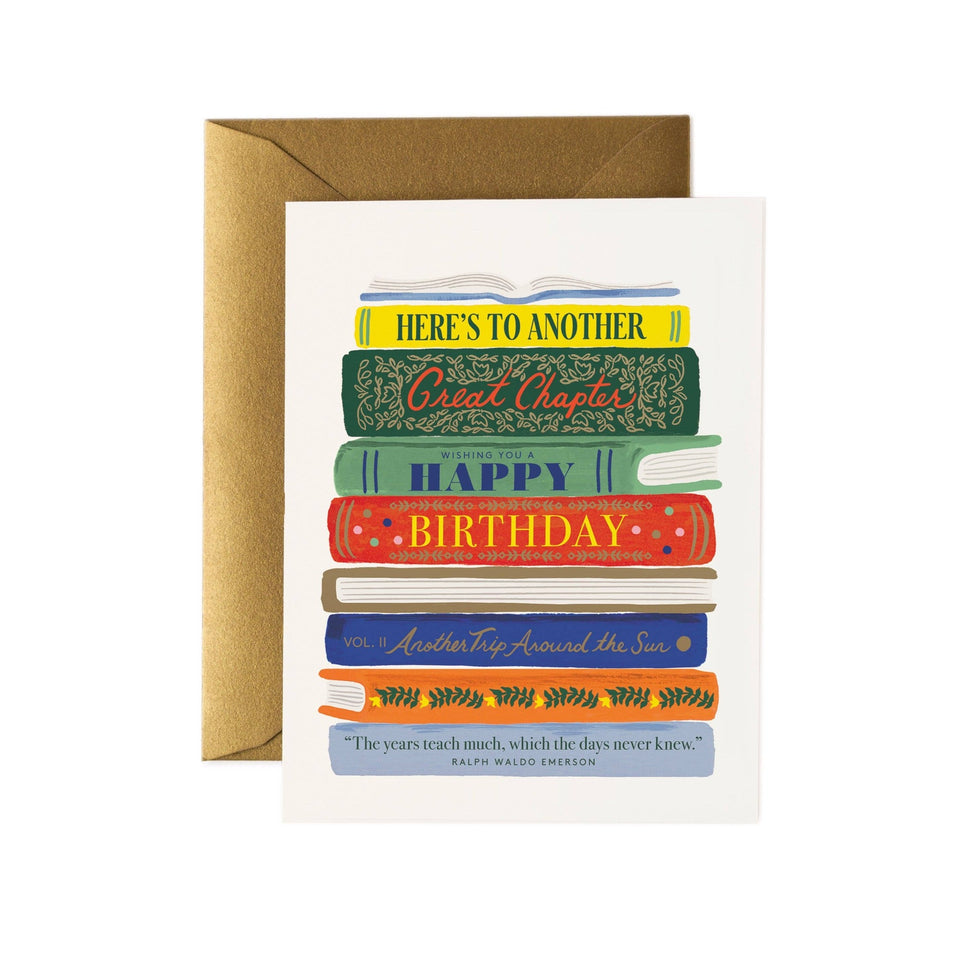 Rifle Paper Co. Book Stack Birthday Card with gold envelope on white background