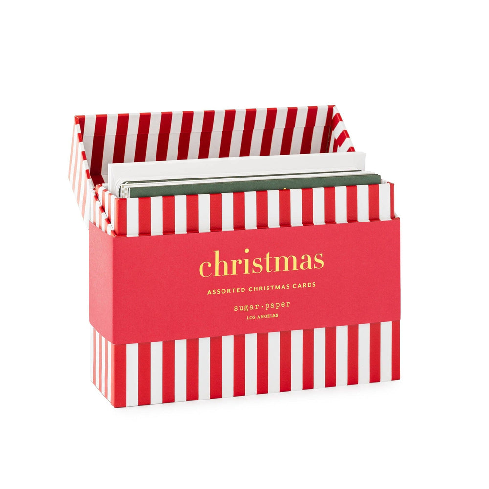 Sugar Paper assorted Christmas card set in red and white striped box with gold text