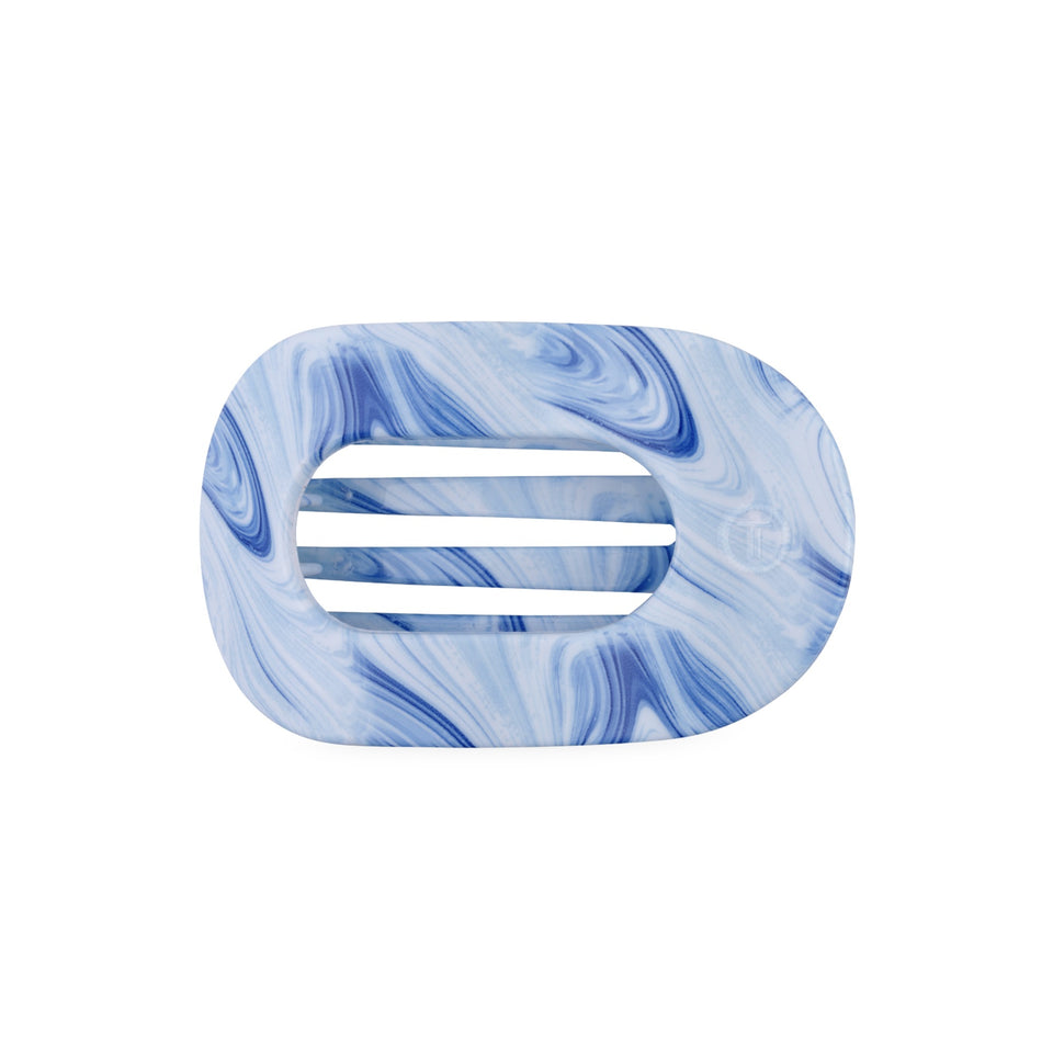 TELETIES Tide & True medium flat round hair clip with blue marble pattern on black background