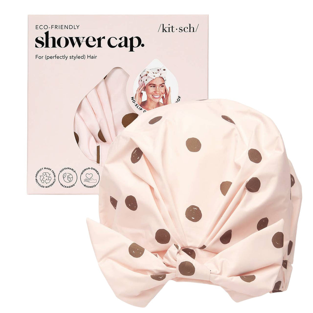 Kitsch eco-friendly shower cap in blush with brown polka dots, shown with packaging and product details