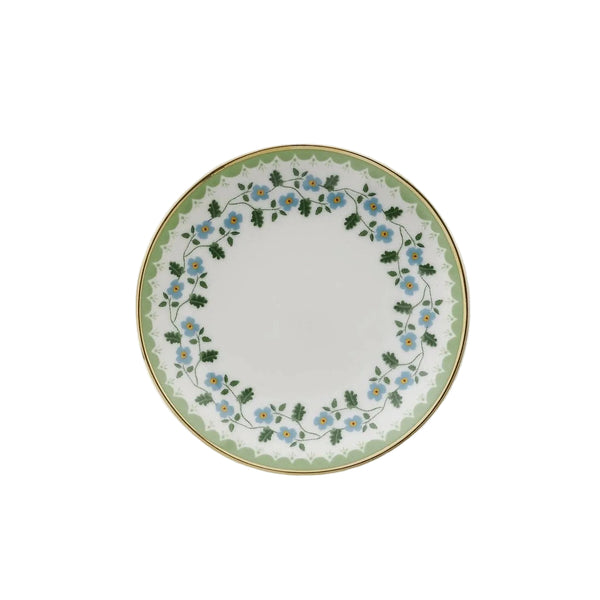 Rifle Paper Co. Portico porcelain ring dish with blue floral border and gold trim