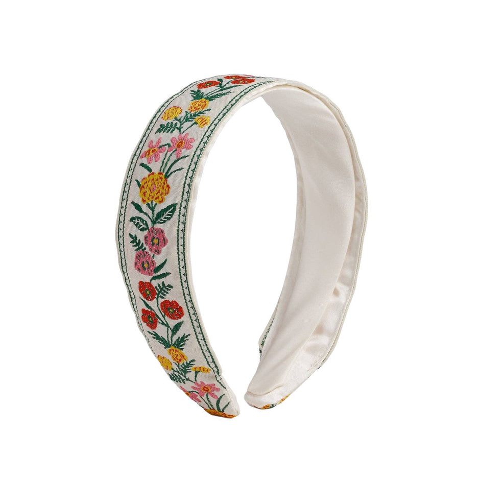 Garden Study Jacquard Ribbon Headband with colorful embroidered flowers on cream background