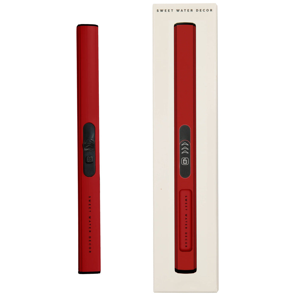 Red rechargeable electric lighter by Sweet Water Decor shown unboxed and packaged