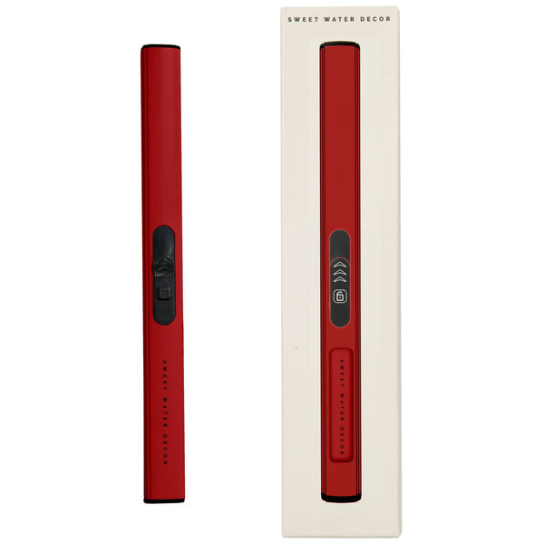 Red rechargeable electric lighter by Sweet Water Decor shown unboxed and packaged