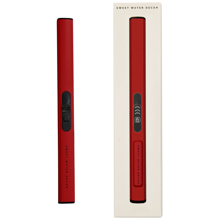 Red rechargeable electric lighter by Sweet Water Decor shown unboxed and packaged