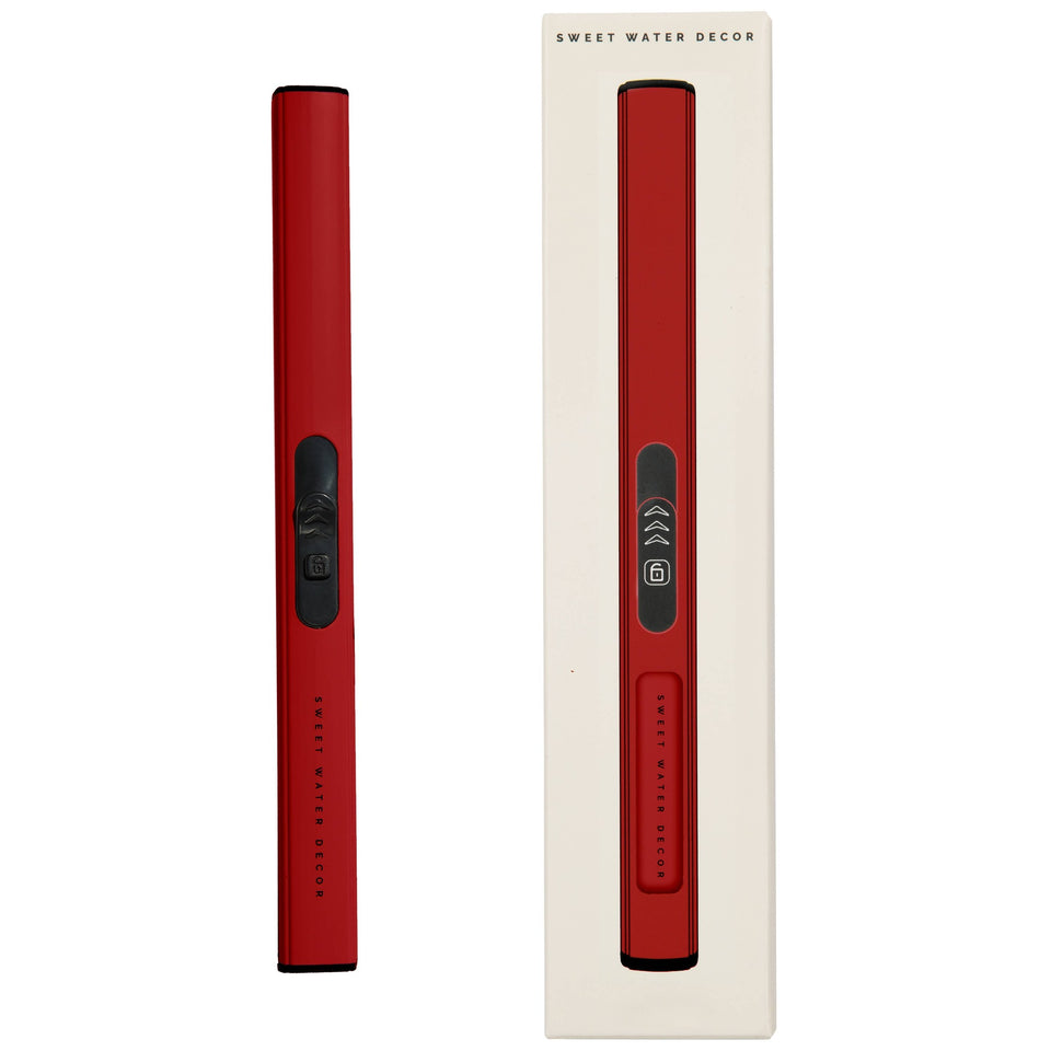 Red rechargeable electric lighter by Sweet Water Decor shown unboxed and packaged