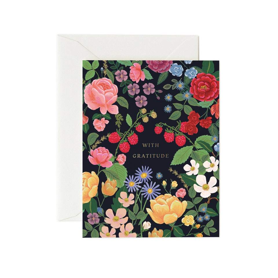 Rifle Paper Co. Gratitude Garden Card with vibrant floral design on dark background and envelope