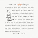 Safety instructions for Frankie and Claude matches with product illustration and usage guidelines