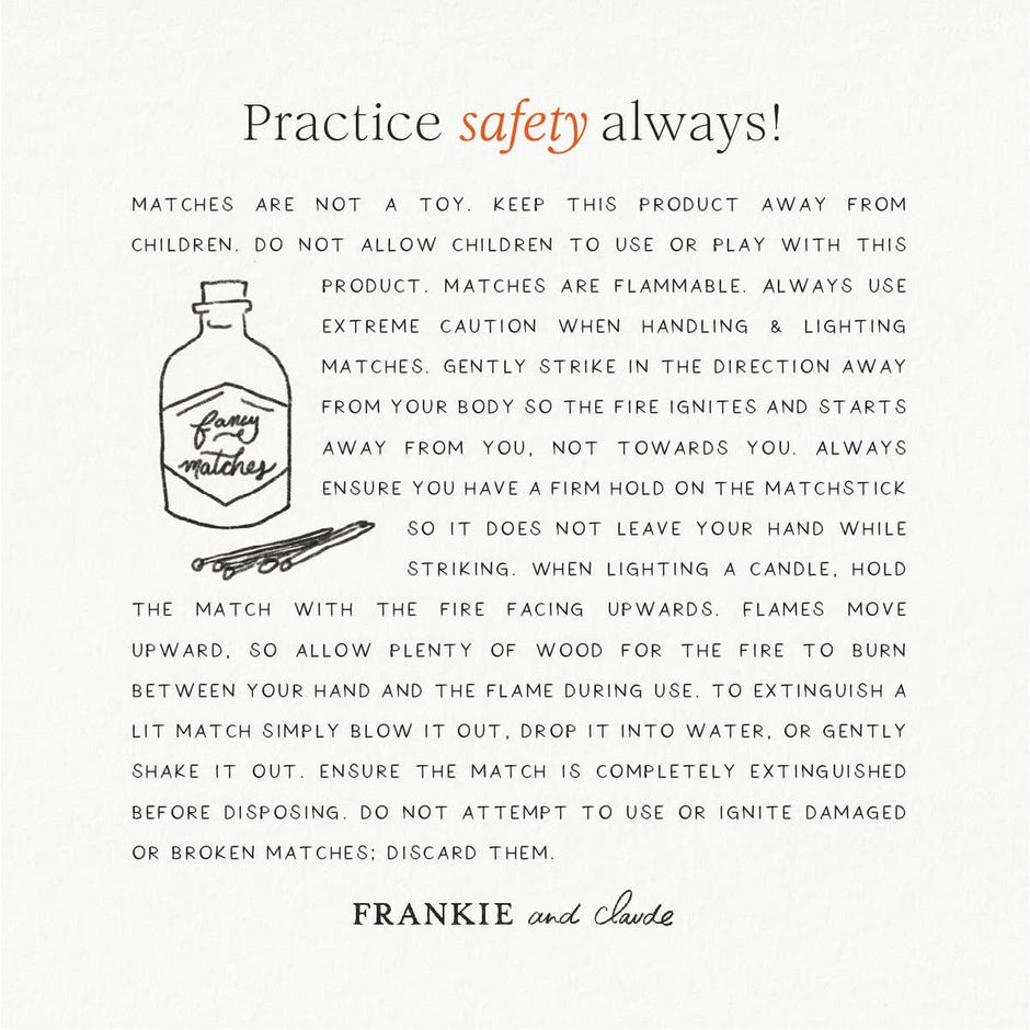 Safety instructions for Frankie and Claude matches with product illustration and usage guidelines