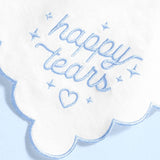 Blue embroidered happy tears handkerchief with scalloped edge and heart design
