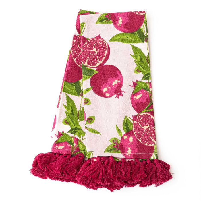 Pomegranate Grove Tassel Kitchen Towel Set with pink pomegranates and green leaves on white background