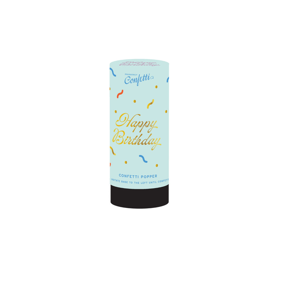 Emergency Confetti Happy Birthday Streamer Popper in light blue with gold text and colorful confetti design