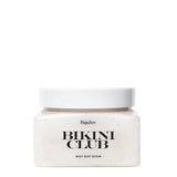 Jar of 'Bikini Club' body buff scrub with a white lid on a white background
