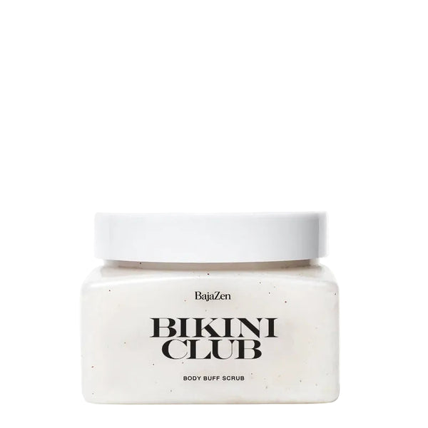 Jar of 'Bikini Club' body buff scrub with a white lid on a white background