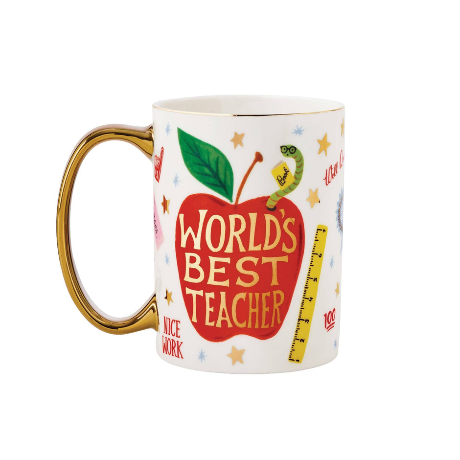 Rifle Paper Co. World's Best Teacher porcelain mug with gold handle and apple design