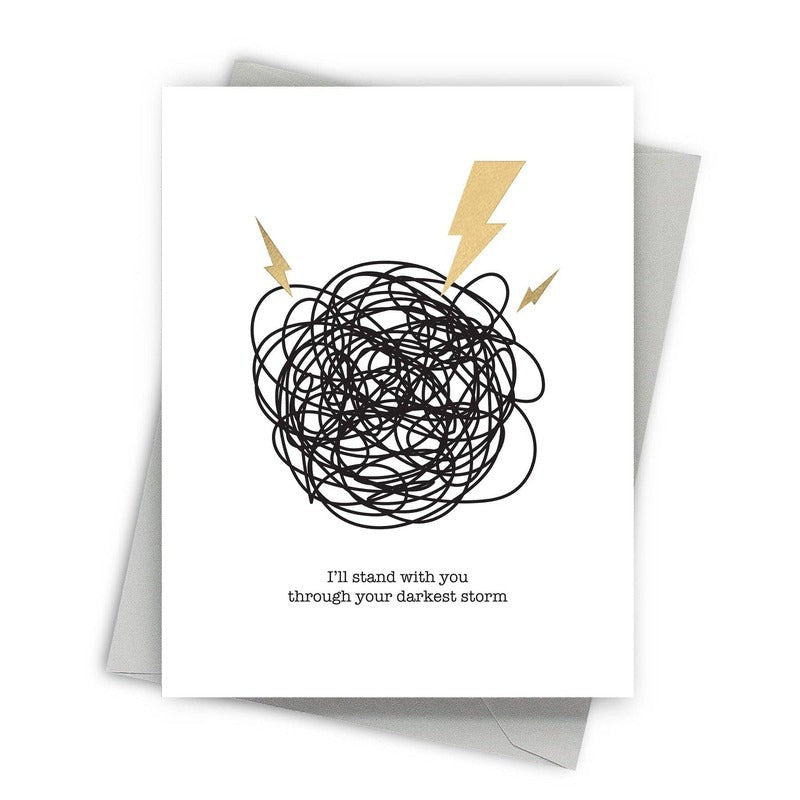 Storm Support Greeting Card with tangled scribble design and gold lightning bolts