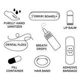 Infographic showing nine emergency essentials including hand sanitizer, emery board, lip balm, dental floss, breath drops, pill container, hair band, and adhesive bandage