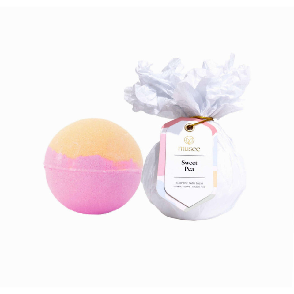 MUSEE Sweet Pea bath balm in pink and yellow ombre sphere with gift packaging