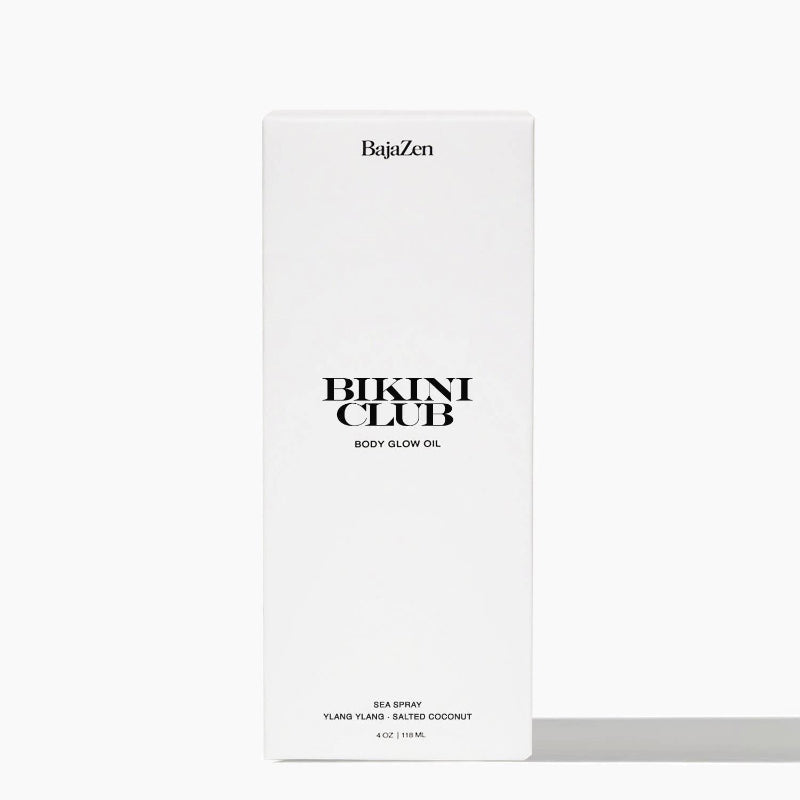 BajaZen Bikini Club body glow oil packaging on a white background