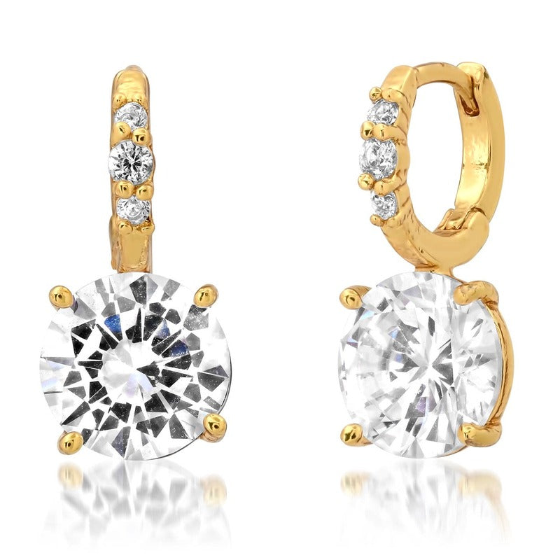 Gold CZ huggie earrings with round solitaire crystal stone drop, front and side view