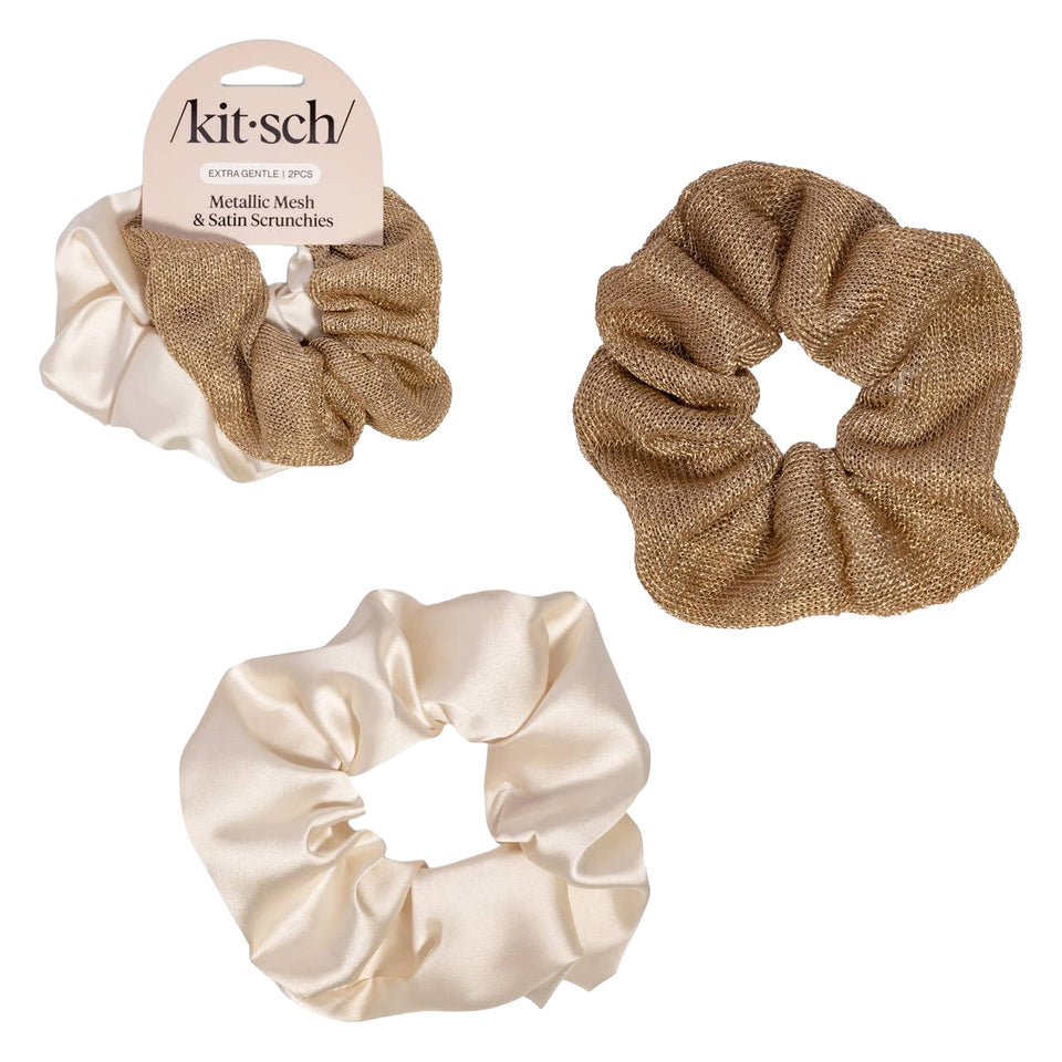 KITSCH | Metallic Mesh and Recycled Fabric Satin Scrunchies 2pc Set - Cream & Gold