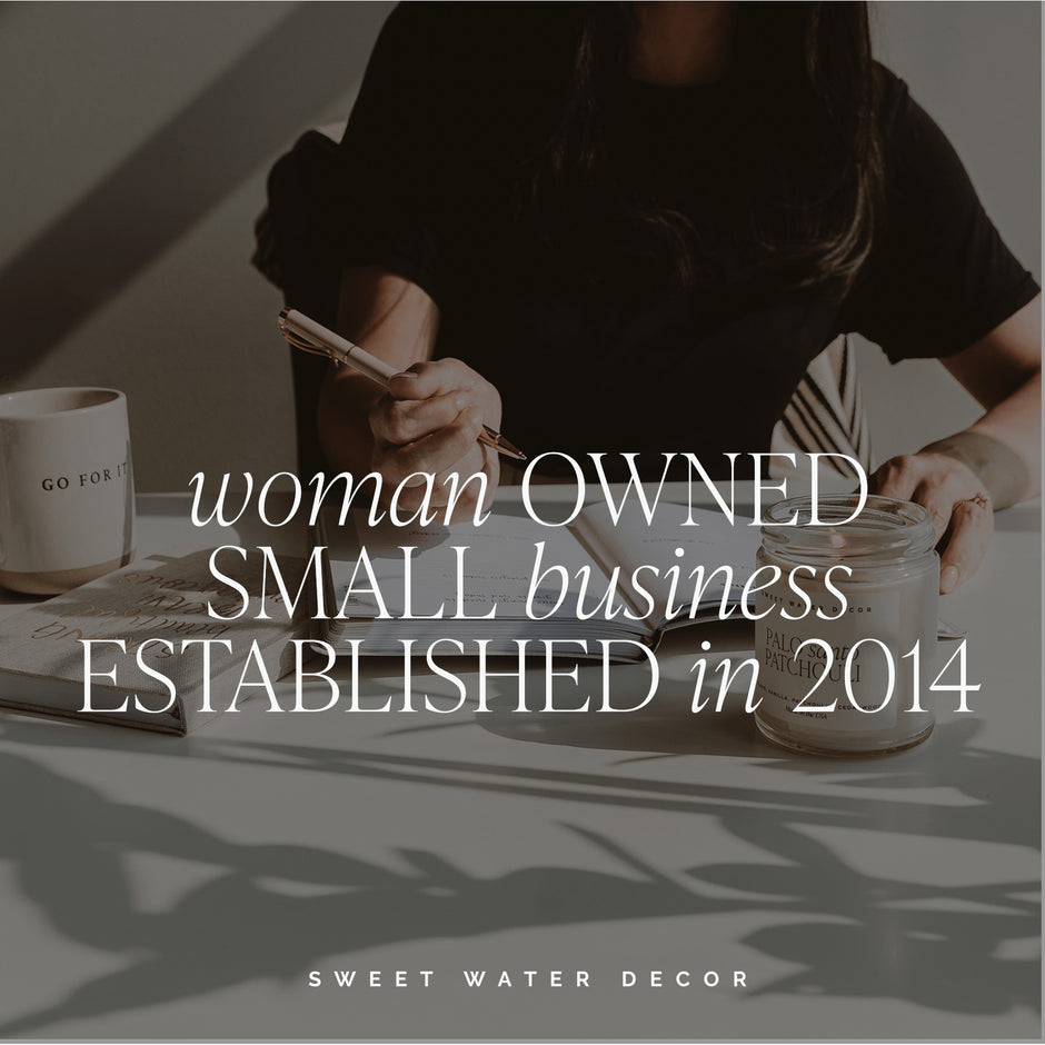 Woman owned small business established in 2014 - Sweet Water Decor branding image with text overlay