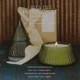 Green tree figural candle with product details: 100% cotton wick, made in USA, soy-based, 20+ hour burn time
