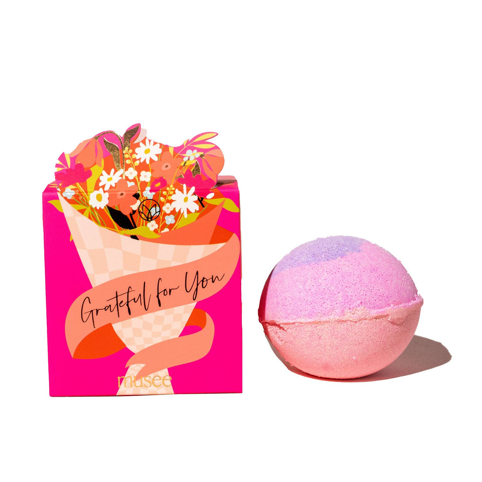 Musee Grateful for You bath balm in pink with colorful floral gift box packaging