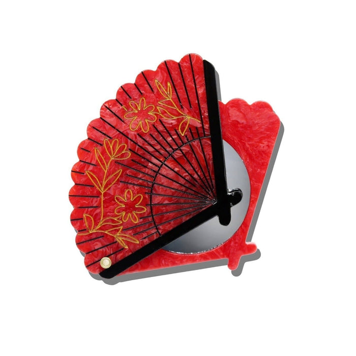 Red hand-painted vintage fan compact mirror with golden floral design and black handle