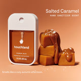 Touchland Salted Caramel hand sanitizer mist with product details and caramel-shaped decorative elements