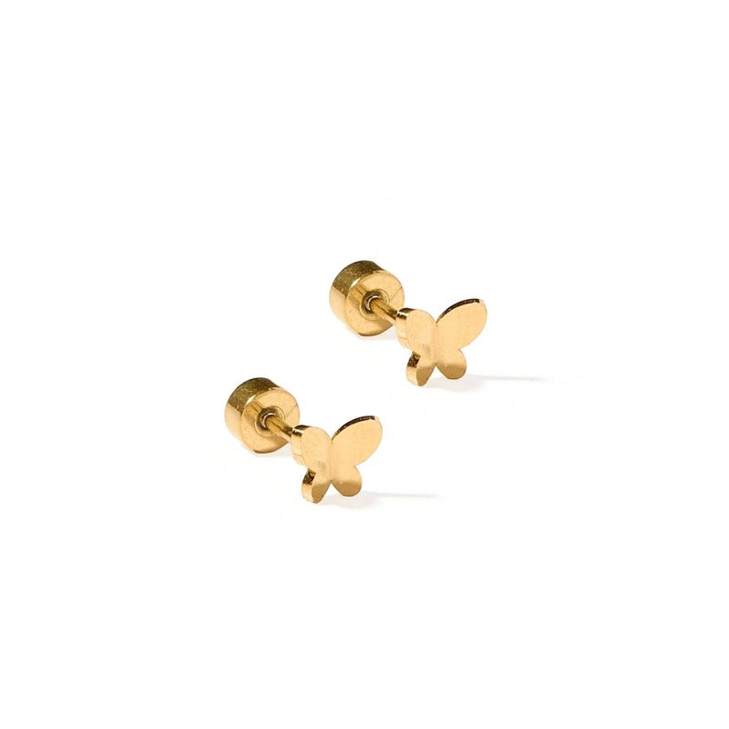 Billie Butterfly Gold screwback stud earrings with butterfly-shaped design on white background