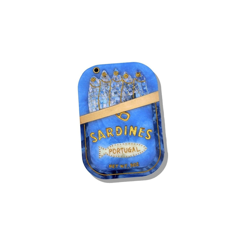 Blue hand-painted sardines compact mirror from Portugal, 5oz, with gold accents and decorative band