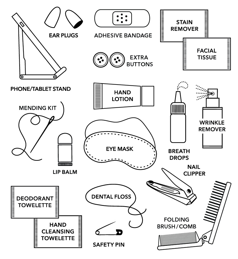 Illustration of various travel items including ear plugs, adhesive bandage, hand lotion, and more on a white background.